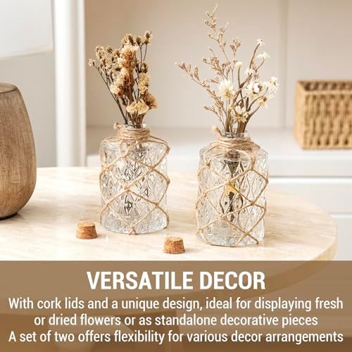 MyGift Glass Bud Vases with Cork Lids & Hemp Rope, Set of 2