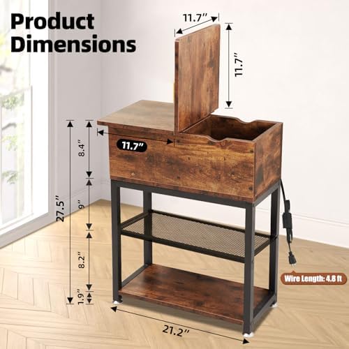 End Table with Charging Station, Flip Top Table with 8.4" Super Deep Drawer