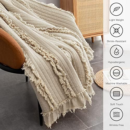 Ultra Soft Pre-Washed Quilted Boho Queen Size Blankets for Bed, Ruffle Fringed Decorative Throw, Stone Washed Chic Rustic Blanket for Sofa Couch Bed, 90"*90"
