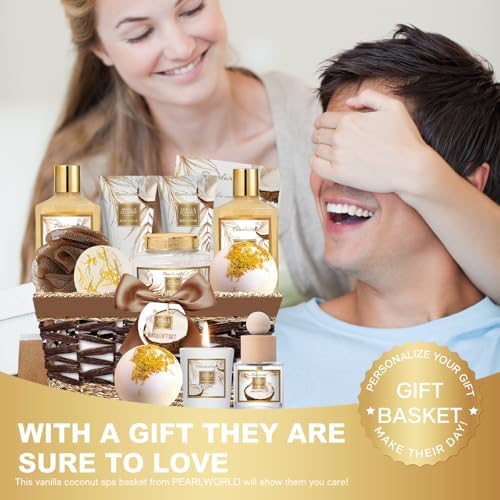 Birthday Gifts Basket for Women, 15pcs Vanilla Coconut Bath Set with Shower Gel, Bubble Bath, Diffuser Oil, Scented Candle, Skin Care Kit Birthday Gift for Women