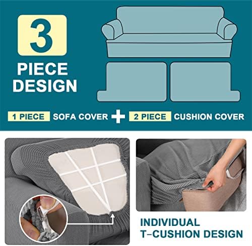 Turquoize 3 Piece T Cushion Loveseat Slipcovers Sofa Cover for 2 Cushion Couch Cover Washable Sofa Slipcover Furniture Covers with 2 Individual T Cushion Seat Covers (2 Cushion Loveseat, Dove)