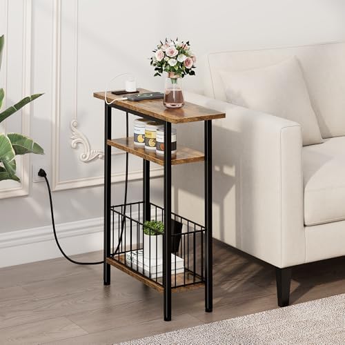 Vagusicc Narrow Side Table with Charging Station, 3-Tier Skinny Side End Table for Couch Sofa, Small End Side Tables for Small Spaces, 25.2" Tall Slim Nightstand for Living Room, Bedroom, Rustic Brown