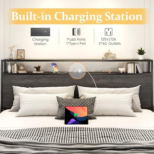 Lifezone King Bed Frame with 2-Tier Storage Headboard, Metal Platform Bed Frame with 4 Storage Drawers, Built in Charging Station & LED, Noise-Free/Metal Support/No Box Spring Needed, Rustic Grey