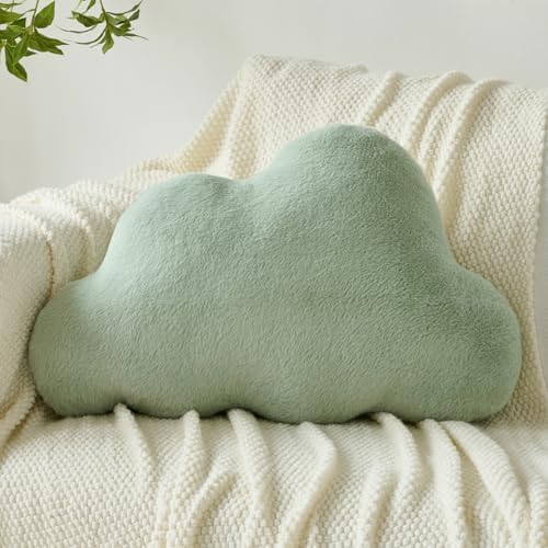 Cloud Pillows, Decorative Throw Pillow with Soft Plush for Couch Bed, Cloud Shaped Pillow Room Decor with Fluffy Faux Rabbit Fur for Living Room Bedroom (Sage Green, 14.5x22.4 Inches)