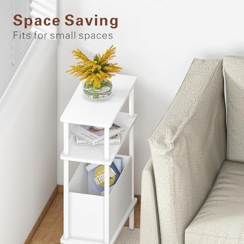 Narrow Side Table with Fabric Basket, Set of 2 End Table for Small Spaces, Slim Nightstand with 3-Tier Storage Shelf, Sofa Beside Table, for Living Room, Bed Room, Natrual White