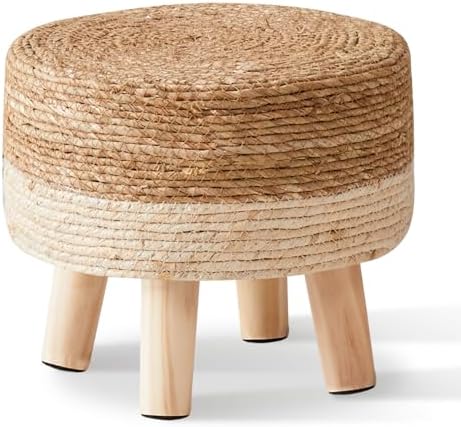 Cpintltr Foot Stool Natural Seagrass Hand Weave Poufs Round Ottoman for Couch Desk Soft Step Stool Padded Foot Rest with Non-Skid Pine Legs for Hallway Office Lounge Natural/White