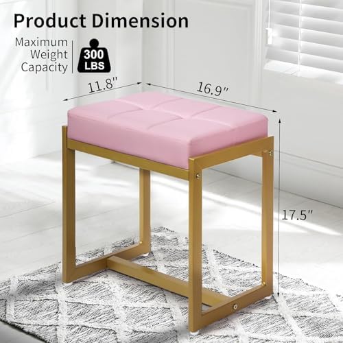 Vanity Stool, Pink Small Vanity Stools Chair, Square Cushion Makeup Chairs for Vanity, Metal Foot Stool Ottoman Seat for Bedroom Makeup Living Room, Pink & Gold