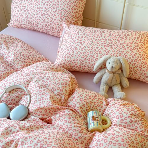 mixinni Pink Leopard Print Duvet Cover Set Queen Size, 3PCs Cute Aesthetic Cheetah Animal Bedding Set, 100% Cotton Double Gauze Soft Retro Cream Leopard Duvet Cover with 2 Pillowcases for Girls Women