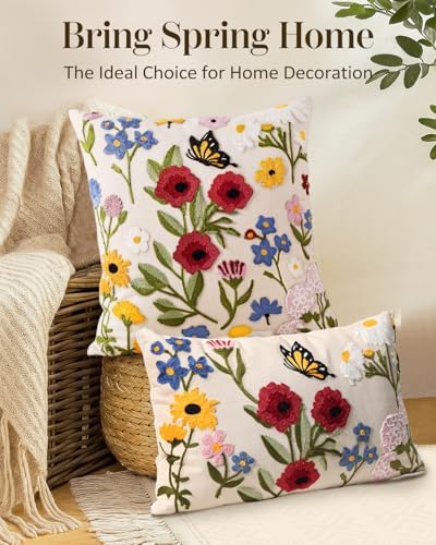 Embroidered Lumbar Pillow Cover 20x12 Inch, Retro Flower