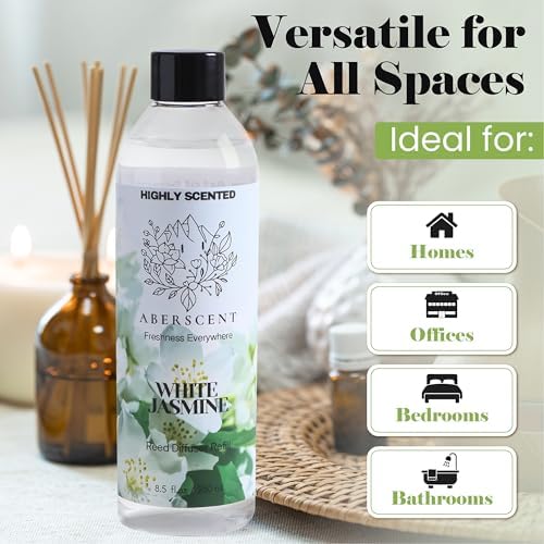 White Jasmine Aberscent Premium Reed Diffuser Oil Refill (8.5 Fl Oz/250ml) – Long-Lasting Fragrance Oil for Home, Office & Spa – Relaxing Scent, Luxury Hotel-Style Aroma