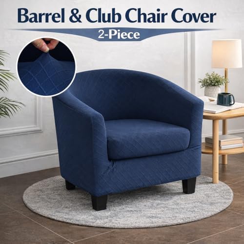 NILUOH Barrel Chair Cover 2 Piece, Stretch Jacquard Club Chair Slipcover, Elastic Armchair Cover for Curved & Round Chairs,Soft Washable Furniture Protector, Navy