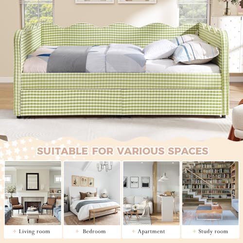 Full Size Daybed with Storage Drawers, Linen Gingham Daybed with USB Ports & Wave Shaped, Upholstered Day Bed Frame, Modern Sofa Bed for Living Room/Bedroom/Guest Room, No Box Spring Needed, Green