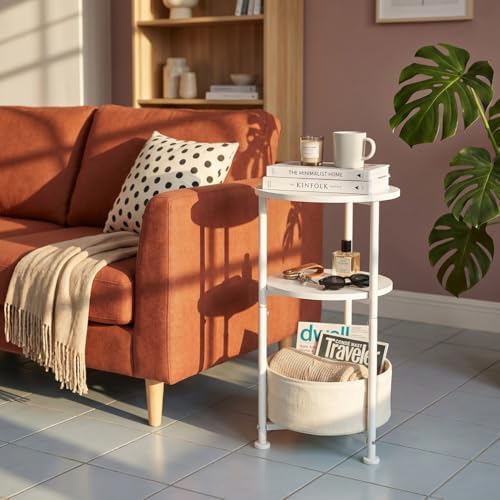 3-Tier Small Round Side Table with Storage Basket, White