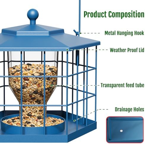 Birdream Squirrel Proof Bird Feeders for Outdoor Hanging, Metal Cage Bird Feeder with Rain Proof Covered for Wildbirds Bluebird Finches, Blue
