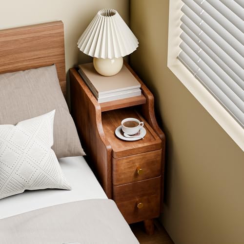 Nightstand, Pre-Assembled, 19.7“H Solid Wood Night Stand with 2 Drawers, Open Sliding Shelf, Mid Century Modern Small Bedside Table for Bedroom, Walnut 8"