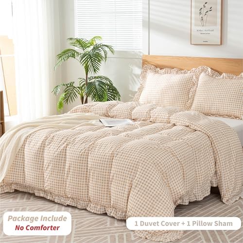 Gingham Duvet Cover Twin Size, 2 Pieces Soft Breathable Microfiber Plaid Duvet Cover with Zipper Closure & 1 Pillow Sham, Ruffle Farmhouse Vintage Decor, Beige