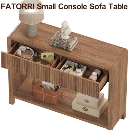 FATORRI Console Table with Storage, Mid-Century Farmhouse Entryway Table with Drawers and Shelf, 39.37 inch Wood Sofa Tables Behind Couch for Living Room, Hallway, Kitchen, Foyer (Walnut)