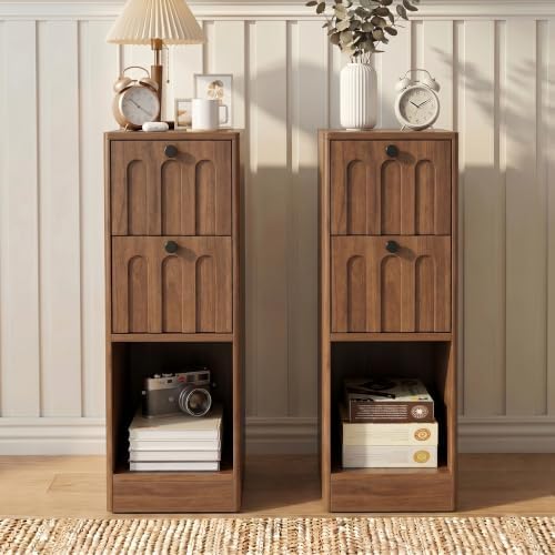 Narrow Walnut Nightstand, Small Bedside Table, Wood Nightstand with Arched Drawer, Side End Table, Mid Century Modern Night Stand, Bedroom, Small Spaces, Slim