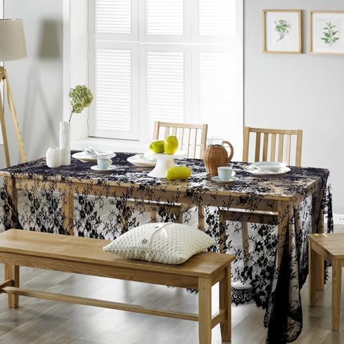 Fowecelt Black Lace Tablecloth 60 × 120 Inch for Rustic Boho Wedding Bridal Shower Party Decoration, Classy Rectangle Overlay Long Vintage Embroidered Reception Table Cloth Decor