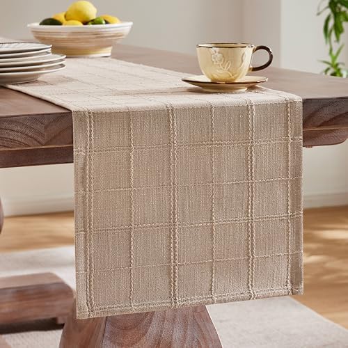 ZeeMart Linen Checked Farmhouse Table Runner, 13x48 Inches Taupe