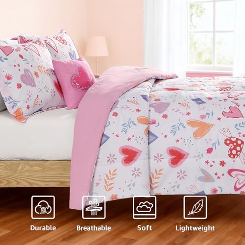 Twin Comforter Set for Girls-3 Pieces Heart Printed Twin Bedding Sets