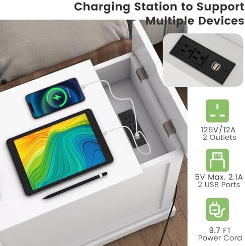 GIANTEX Nightstand with Charging Station Set of 2, Flip Top End Table w/USB Ports & Outlets, Side Table w/Storage Drawer, Magazine Rack, Adjustable Shelf, Narrow Bedside Tables for Small Space, White