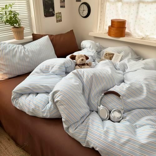 mixinni Vintage Striped Queen Duvet Cover Set, Washed Microfiber Coastal Bedding, Light Blue Brown Vertical Stripe Comforter Cover with Zipper & Corner Ties, (1 Duvet Cover + 2 Pillowcases)