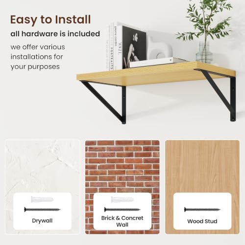 Axeman Deep Floating Shelves, 18'' x 10'' Oak Wall Shelves Set of 2