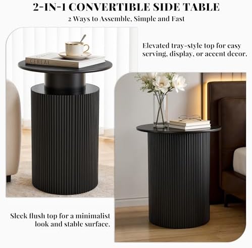 Fluted Side Table with Storage,24" Round Reversible Wood End Table