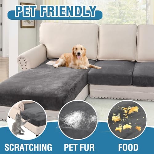H.VERSAILTEX Velvet Stretch Sectional Sofa Covers - 4 Piece Seat Cushions for L Shape Sectional Couch (Large 3 Seater + 1 Chaise, Grey)