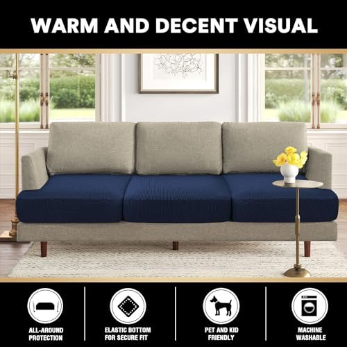 PrinceDeco Stretch T Cushion Sofa Slipcovers 3 Piece,Pets Friendly,Navy