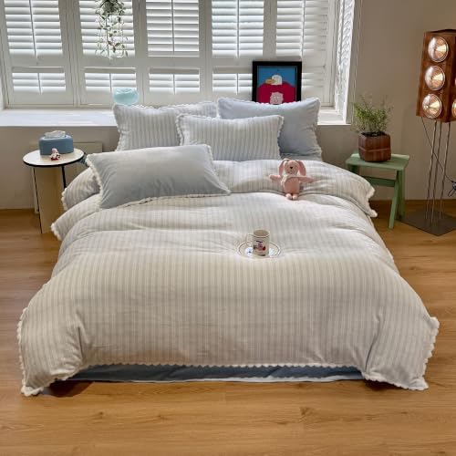 AOJIM Milk Velvet Duvet Cover Set Twin Retro Sky Blue Striped Bedding 3Pcs