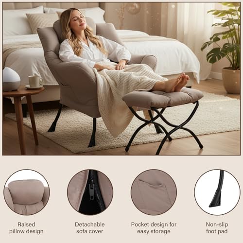 Welnow Lazy Chair with Ottoman, Reading Chair with Footrest，Khaki