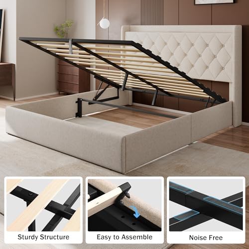 GalnFu Full Size Bed Frame with Storage, Upholstered Full Lift up Storage Bed Frame with Charging Station, Button Tufted Headboard, No Box Spring Needed, Easy Assembly, Noise Free, Beige