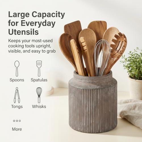 Ceramic Utensil Holder, Rustic Vintage Kitchen Utensil Holder