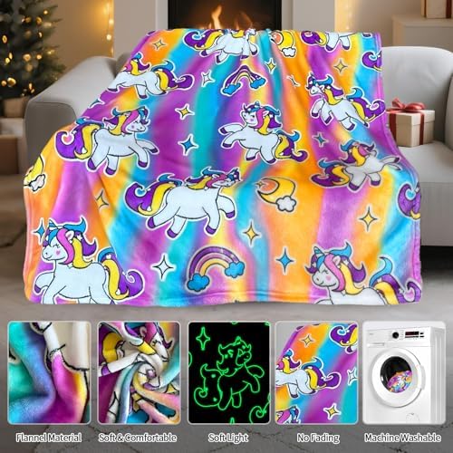 Unicorn Glow in The Dark Blanket, Unicorn Blanket for Girls/Kids, Unicorns Gifts for Girls Age 3-12, Toddler Blanket for Kids, Soft Fleece Blanket Throw Birthday Gift 40"x60"
