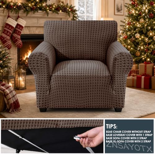 ZNSAYOTX 1 Piece Stretch Chair Slipcover with Arms (34"-44") New-Houndstooth Texture, Thick Armchair Covers for Living Room Universal Chair Slip Cover with Elastic Bottom & Buckle, Brown