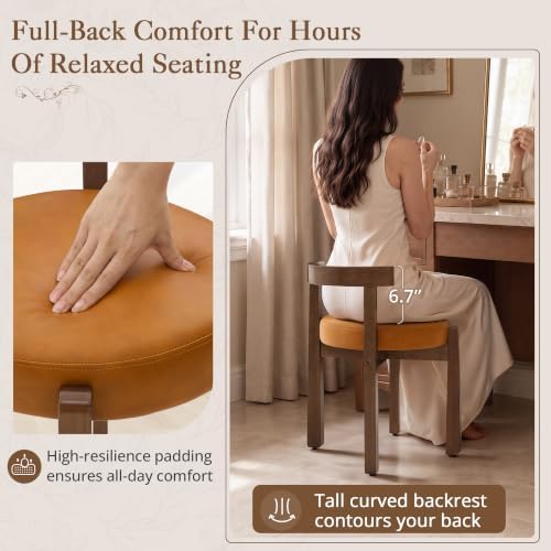 LUE BONA Wood Vanity Chair Stool with Back, Mid-Century Makeup Bench, Brown