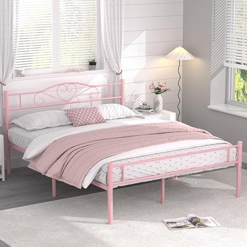 VECELO 14 Inch Queen Size Metal Platform Bed Frame with Headboard and Footboard, Heavy Duty Mattress Foundation with Steel Slats Support, No Box Spring Needed, Pink