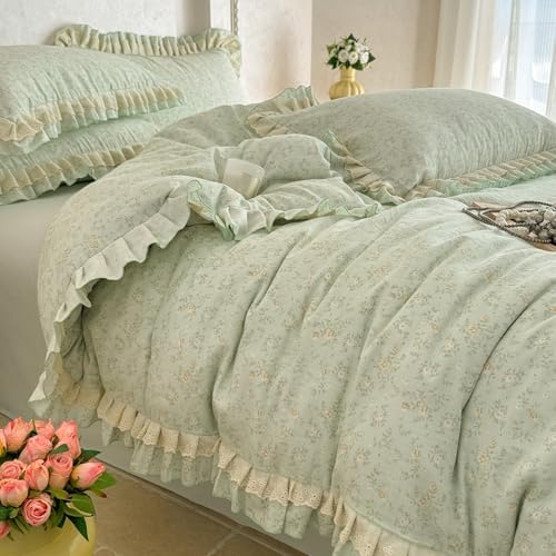 Floral Duvet Cover Set Muslin Cotton Queen(90"x90"),Sage Green