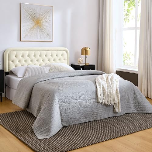 Tufted Upholstered Twin Size Headboard only - Button Solid Wood HeadBoards with Adjustable Height - Modern Velvet Padded Bed Headboard - Easy Assembly - Nailhead,Beige