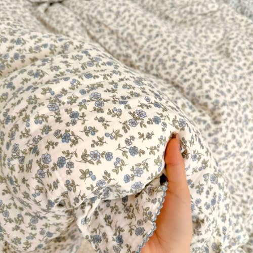Girls Boys Toddler Bed Duvet Cover with Ruffles, Blue Floral Print