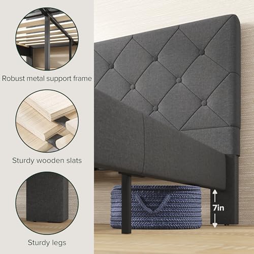 Zinus Full Shalini Upholstered Platform Bed Frame with Headboard [New WonderBox(TM) Version], Wooden Slat Support, No Box Spring Needed, Easy Assembly, Eco Friendly Packaging, Dark Grey