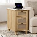 WAMPAT Farmhouse End Table with Charging Station, Rattan Side Table, Oak