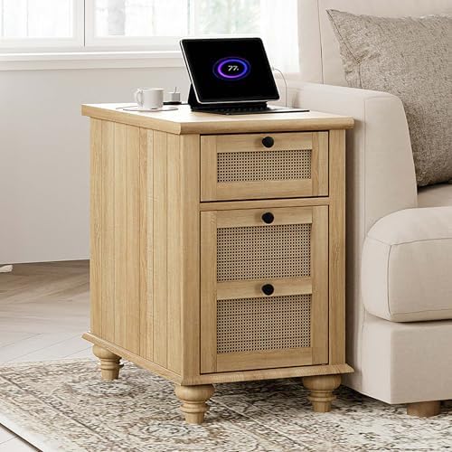 WAMPAT Farmhouse End Table with Charging Station, Rattan Side Table, Oak