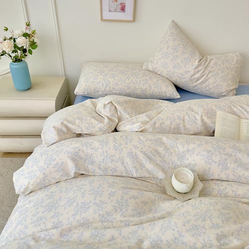 Blue Floral Duvet Cover Set King Size 3PCS Cotton Double-Layer Gauze Comforter Cover and 2 Pillowcases Soft Breathable Aesthetic Bedding Duvet Cover for Kids Adults Chic Floral Print Duvet Protector