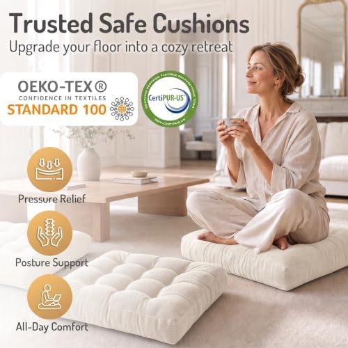 Large Floor Pillow for Adults, Square Meditation Cushion, 22 Inch Beige