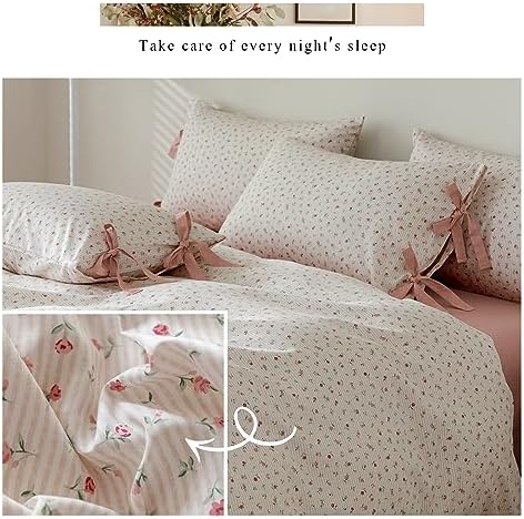 Floral Print Duvet Cover King Size Cottage Pink Striped Bedding Set 3pcs