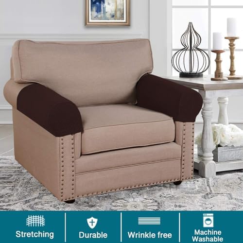Turquoize Stretch Armrest Covers for Chairs and Sofas Couch Arm Covers for Sofa Spandex Jacquard Armrest Cover Anti-Slip Furniture Protector Washable Armchair Slipcovers for Recliner Set of 2, Brown
