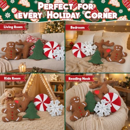 Cumule 5 Pcs Christmas Throw Pillows Cute Xmas Tree Candy Gingerbread Reindeer Snowflake Shaped Plush Pillow for Christmas Winter Holiday Party Outdoor Bedroom Cushion Decoration